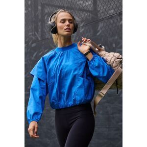 Free People Movement Blue Cropped Windbreaker Pullover Balloon Hem Athletic Top